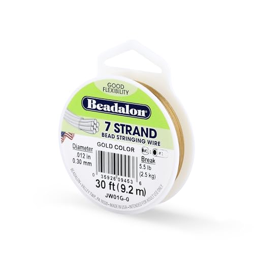 Beadalon 7 Strand Bead Stringing Wire, 0.012 in / 0.30 mm, Gold Color, 30 ft / 9.2 m - color: Gold, style: .012 in / 0.30 mm , 30 ft / 9.2 m