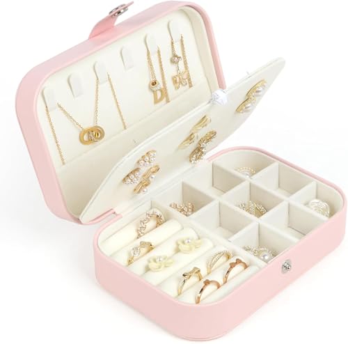 Travel Jewelry Box, Small Jewelry Organizer Boxes for Women Girls, 2 Layer Travel Jewlery Case, PU Leather Mini Portable Jewerly Storage Display Holder for Earrings, Ring, Necklaces, Bracelets(Pink 1) - color: Pink 1