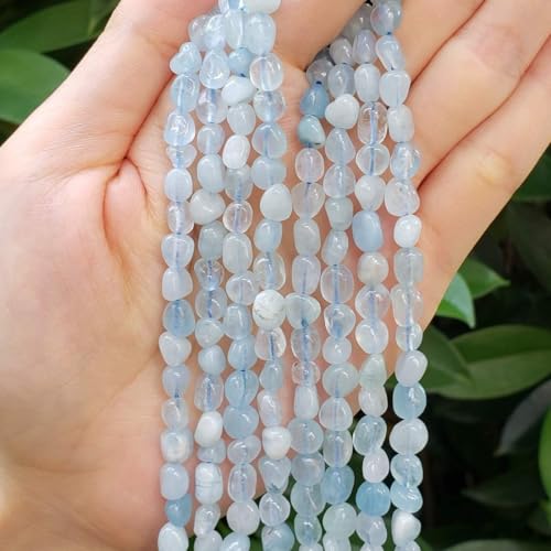 HAAMIIQII Natural Blue Aquamarine Pebble Stone 5-8mm Small Irregular Freeform Tumbled Loose Gemstone Beads for Jewelry Making Strand 15 Inch (45-50pcs) - color: Aquamarine