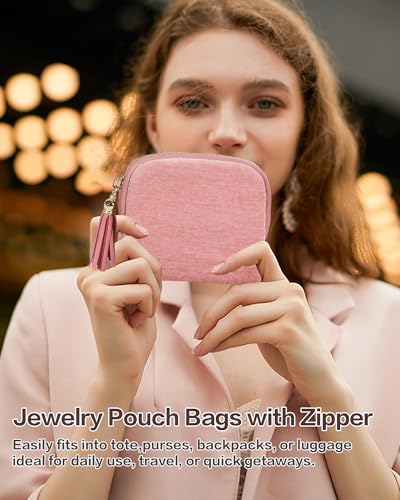 Travel Jewelry Case, Small Velvet Jewelry Bag with Zipper, 5-Layer Anti-Scratch Pouch for Bracelets Necklaces Earrings, Tangle-Free Jewelry Storage, Gift for Her Chenille Velvet Pink - color: Pink