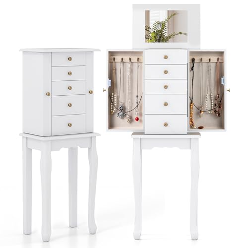 GOFLAME Standing Jewelry Armoire Cabinet with Top Flip Mirror, Jewelry Box Chest with 4 Drawers, Top Compartments, 8 Necklace Hooks and 2 Side Doors, Jewelry Storage Organizer for Bedroom, White - color: White, size: 12.5" x 8.5" x 34"