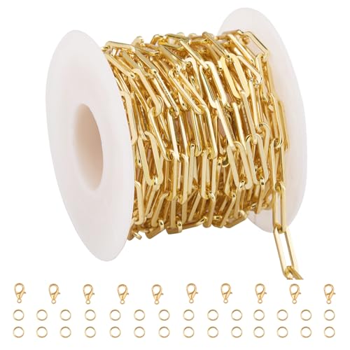 GTVOODX Chunky Paperclip Chain Roll Gold Filled 4 Meters Stainless Steel Handmade Paper Clip Link Chains Spool Bulk for Women Jewelry Making with Lobster Clasps Jump Rings - color: Gold Thick Paperclip Chains