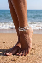 Tewiky Waterproof Ankle Bracelets for Women,Chunky Layered Gold Anklet for Women Non Tarnish Adjustable Cuban Set Stackable Summer Beach Jewelry Gift - color: silver