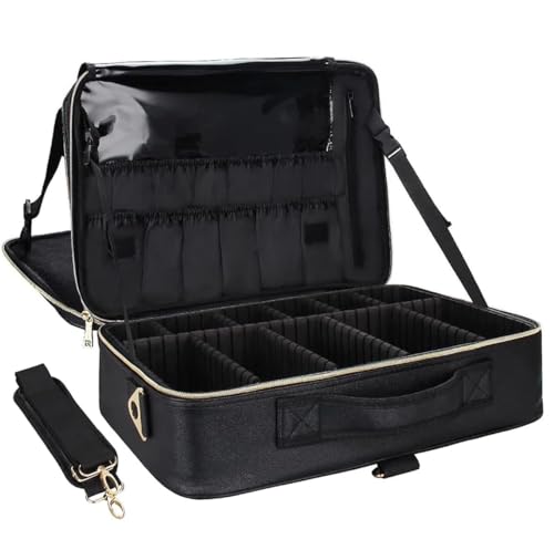 Relavel Makeup Case Large Makeup Bag Professional Train Case 16.5 inches Travel Cosmetic Organizer Brush Holder Waterproof Makeup Artist Storage Box, Large Capacity (Leather Black) - color: Black Leather, size: Large