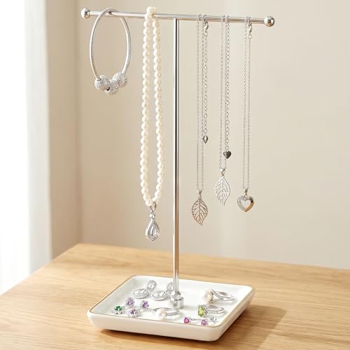 galasily Jewelry Holder Stand with Ceramic Base: 12" Tall Necklace Organizer Rack, Tree Design Display Storage for Necklaces, Bracelets, Rings, Earrings, Aesthetic Vintage Room Décor (Silver) - color: Silver