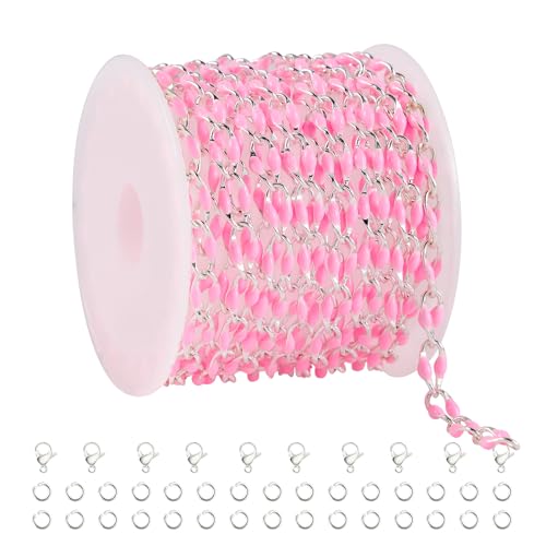 YOUBEIYEE 2 Meters Silver Plated Chain for Jewelry Making Pink Enamel Chain Roll Brass Chains Bulk with Jump Rings and Lobster Clasps - color: Pink Silver