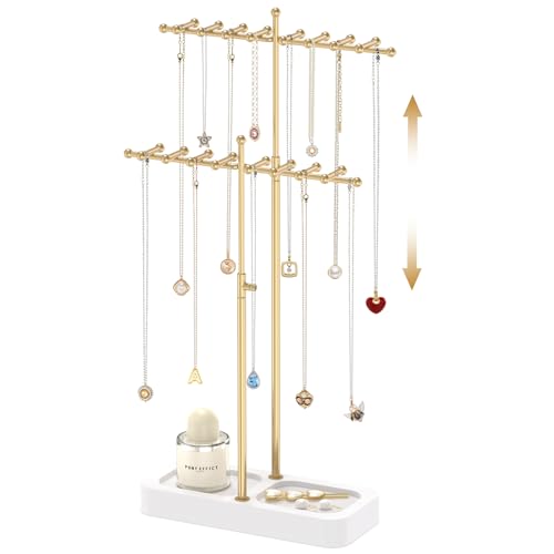 MODOWEY Necklace Holder Organizer Stand with Wood Tray, 36 Hooks Tall Display Tree for Women Men Vendors, Adjustable 2 Tier Metal Jewelry Rack, Large Capacity for Dresser Small Space, Gold+White - color: Gold+White, size: 2 Tier