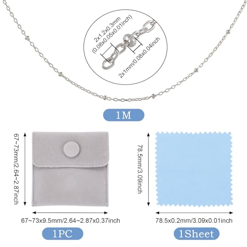 Elecrelive Sterling Silver Necklace for Women, 3.28 Feet Sterling Silver Satellite Ball Chains 2x1.2mm Permanent Jewelry Chains with Velvet Bags for Men Women Jewelry DIY Making - color: Silver-Satellite Chain
