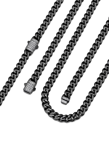 Bandmax Stainless Steel Cuban Link Chain Necklace for Men Women Silver Tone/14K Gold Plated/Black Curb Chains with Blinged out Clasp,6/9/12MM Width, 18-30 Inch Length, Hip Hop Jewelry for Gift - color: 03 Black Tone-6MM, size: 28 Inch (71cm, Long)