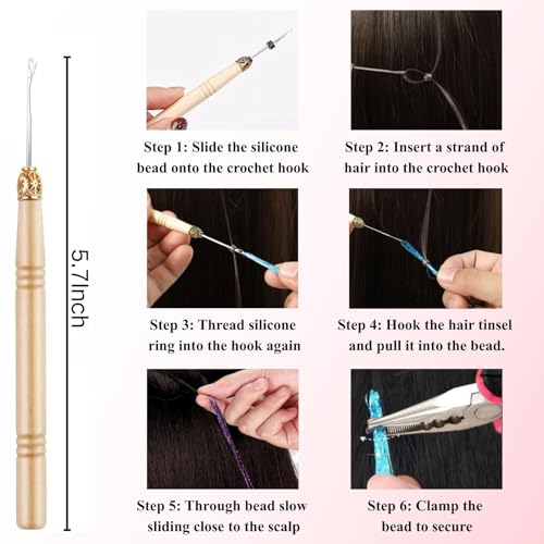 Hair Extension Tools Kit, 500 Silicone Lined Micro Rings, 1 Plier, 1 Threader, 1 Crochet Hook, 8 C/J/I Needles, 5 Clips, 1 Comb, 5 Sewing Threads,100 Mini Rubber Bands with Storage Case - color: Pink