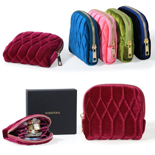 Small Travel Jewelry Case, Mini Travel Jewelry Bag with Zipper, 5-Layer Velvet Organizer Pouch for Bracelet Rings Earrings - Diamond Stitched Velvet Rose Purple - color: RosePurple