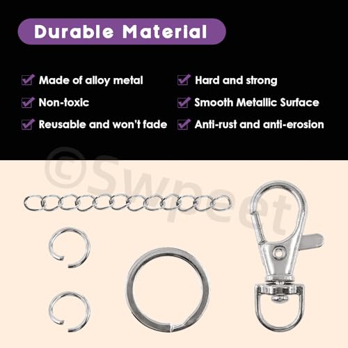 Swpeet 125Pcs Silver Keychain Making Set, 25Pcs Swivel Lanyard Snap Hook, 25Pcs Keychain Ring, 25P Extender Chains, 50P Open Jump Rings, Swivel Lobster Clasps, Keychains Clips - color: Silvery