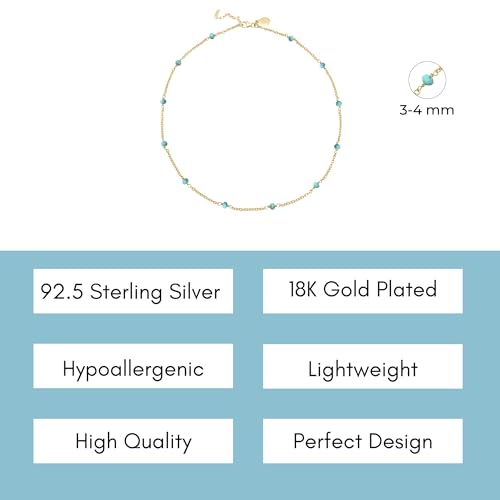 Dainty Gold Necklace for Women,Trendy 18k Gold Vermeil Sterling Silver Choker Necklace Thin Beaded Choker Necklaces Womens Simple Jewelry Gift for Valentines Day - color: December - Turquoise