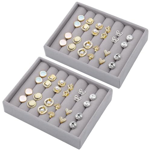 Ewen 2 Pack Mini Stackable Ring Trays for Drawers, 4.72x3.74x0.98in Velvet Display Cases with 6 Slots, Small Gray Ring Holder for Storage and Showcase of Various Rings Earrings, Ideal for Gift, Trade - color: Light Gray