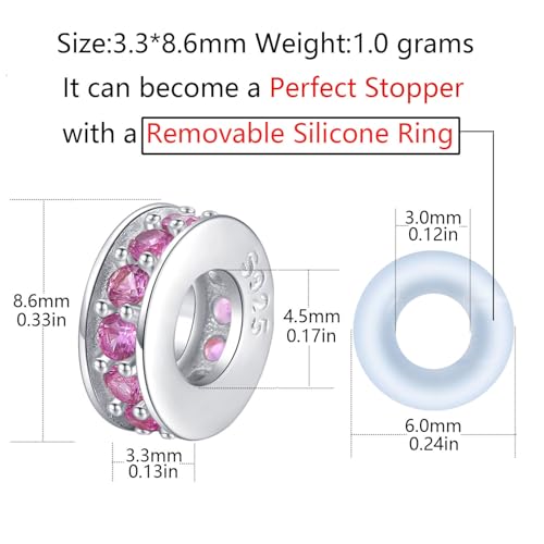 Clip Stopper Charms Sterling Silver Rondelle Spacer Bead Charm Stopper Charm for Pandora Charm Bracelets - color: Pink (1 pcs )