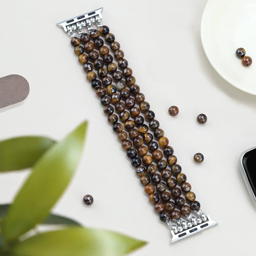 Newlibery Natural Stone Bracelet Beaded-Band Women Compatible with Apple Watch 42mm(S3/2/1) 44/45/46/49mm Feminine Handmade Stretch Strap for iWatch Series 11/10/9/8/7/6/5/4/3/2/1 SE 3/2/1 Ultra1/2/3 - color: A6 Tiger's Eye, size: 46(S10/11)/49/45/44/42mm