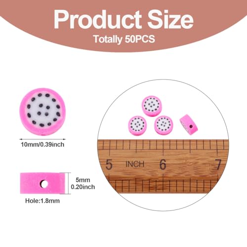 50PCS Handmade Polymer Clay Round Beads Pitaya Slice Dragon Fruit Loose Beads Fruit Theme Spacer Beads for DIY Bracelet Necklace Earring Charm Jewelry Making Hole 1.8mm - color: Pitaya Slice
