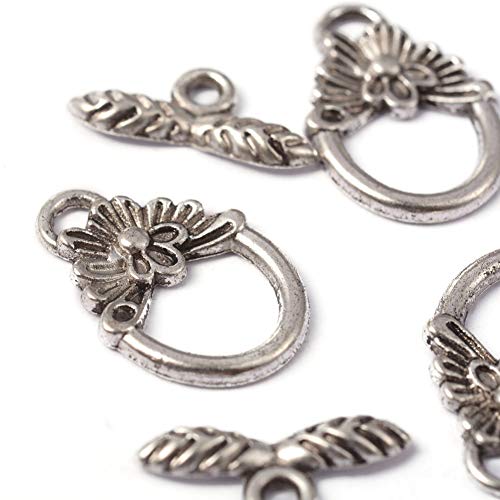 Craftdady 50 Sets Antique Silver Round Flower Toggle Clasps Tibetan T Bar Closure Ring End Clasps for Bracelet Necklace Making - color: Antique Silver, 18x12mm