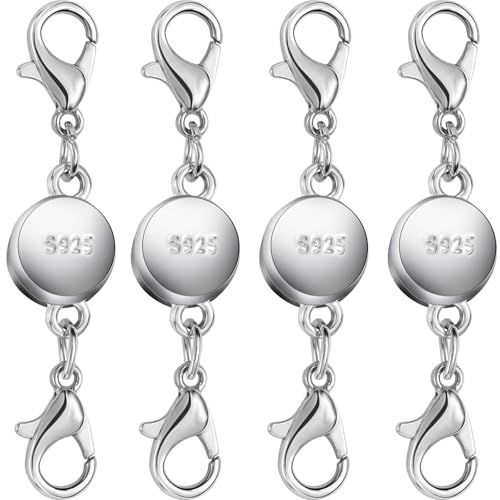925 Silver and Gold Magnetic Necklace Clasps, Round Necklace Clasp Closures for Jewelry Making,Magnetic Necklace Clasps and Extenders,for Bracelet Necklace and Accessories (4pcs Silver) - color: 4pcs silver