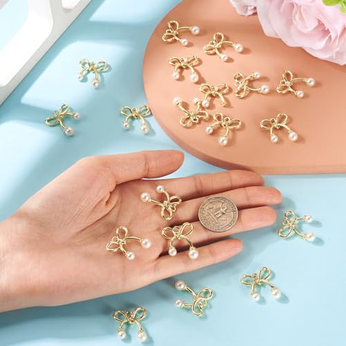 FASHEWELRY Golden Bow Connector Charms Bulk, Christmas Bowknot Link Charms, Infinity Links Geometric Hollow Bezel Pendants for Earring Bracelet Necklace Keychains Jewelry Making - color: Light Gold-Bowknot with Pearl