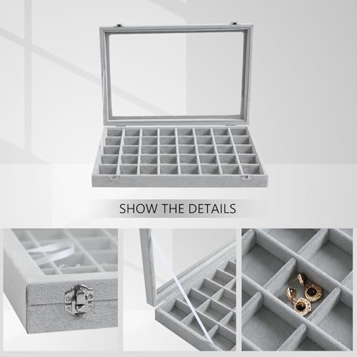 Wudygirl Jewelry Organizer Velvet Jewelry Box 40 Grid Earring Holder Organizer with Lid Ring Holder Ring Display Case Adjustable (Gray) - style: 40 Grid Tray