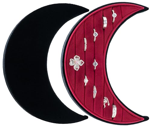 Velvet Multiple Ring Box Organizer Display Tray Crescent Moon Shape Jewelry Box Earring Holder Case for Wedding Birthday Christmas Day (Black and Red)