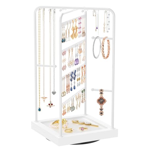 MODOWEY Earring Necklace Holder Organizer Jewelry Stand, Wood Rotating Display Tree for Vendor Selling, Tiered Tower Rack for Pierced Stud Bracelet 90+ Pieces Storage, Easy Access for Women, White - color: White