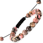MASSIVE BEADS Natural Healing Power Gemstone Crystal Beads Unisex Adjustable Macrame Bracelets - color: Pink Black Rhondonite, size: 8mm