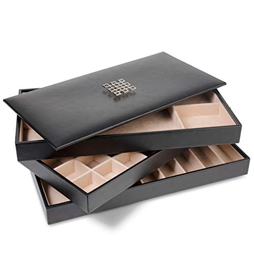 Glenor Co Jewelry Tray Organizer - 3 Large Stackable Trays & Lid - 46 Slot Storage for Drawer, Dresser - Black - size: Rectangle - 3 Trays + Lid Set - 46 Slots