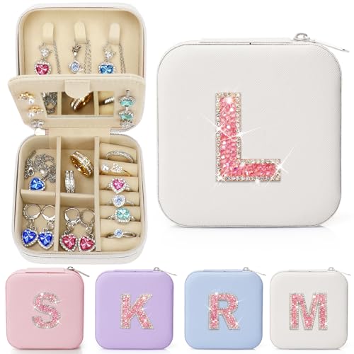 Sparkling Initial Jewelry Box Organizer,Personalized Travel Jewelry Box for Girls & Women,Glitter Rhinestone Jewelry Case Gifts for Easter, Birthday & Christmas,Small Size (Beige, L) - color: Beige, size: L