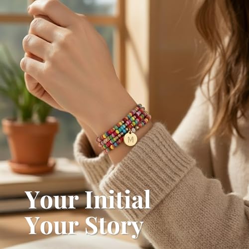 Set of 4 Colorful Bead Initial Bracelets, Personalized Stackable Jewelry, Adjustable Stretchy Charm Bracelets for Women, Beaded Bracelet Set, Trendy Custom Jewelry Gift - style: Colorful Bead - M