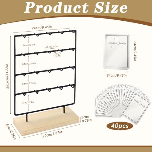 Earring Display Stand for Selling, Wood Earring Rack Display Holder Stand, 4 Tier 20 Hooks Jewelry Display for Selling with 40pcs Earring Cards, Bracelets, Rings, Necklaces - color: Black