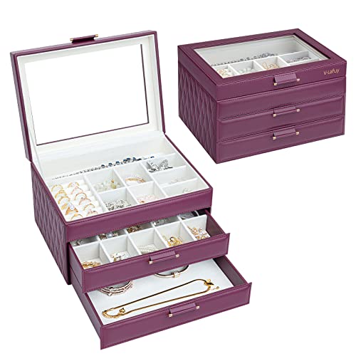 Jewelry Organizer Jewelry Boxes for Women, Jewelry Box Clear Acrylic Lid 3-Tier with 2 Drawers, Gift for Women Storage Earring Necklace Watch Bracelet and Rings, Burgundy Red - color: Purple