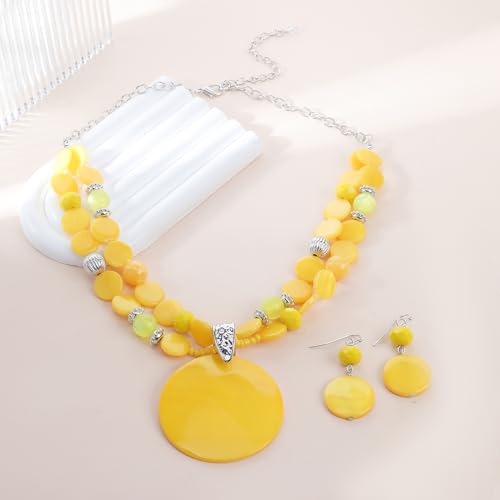 Layered Beads Statement Fashion Necklace Chunky Jewelry Set Big Colorful Glass Stone Circle Shell Pendant Choker Necklace and Earring Set for Women - color: Yellow