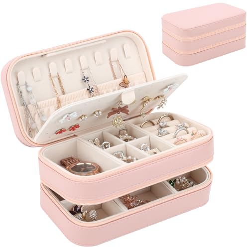 DesignSter Small Travel Jewelry Box with Double Zipper, 2 Layers PU Portable Jewelry Case for Women and Girls,Travel Jewelry Organizer for Rings, Earrings, Necklaces, Bracelets,Pink - color: Pink