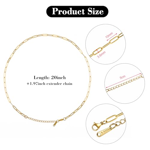 YOUBEIYEE 10pcs Gold Plated Paperclip Necklace Chains for Jewelry Making Stainless Steel Chain Necklace Bulk - color: Gold, size: 20inch (3.5x10mm)