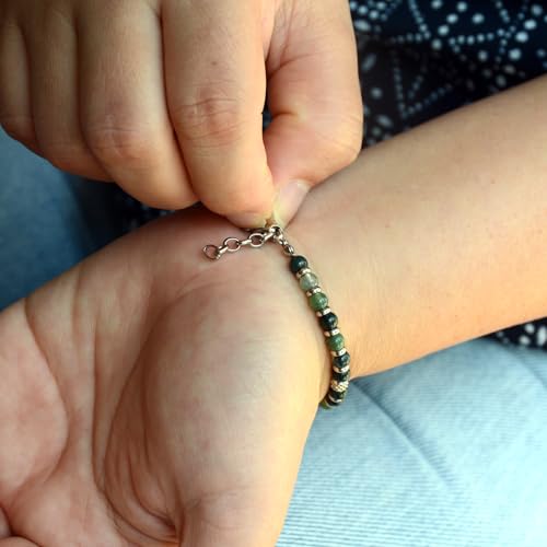 Ganbatte Handmade Beaded Bracelet, Natural Stone and Silver Stainless Steel, Boho Style Women's Jewelry - color: Moss Agate