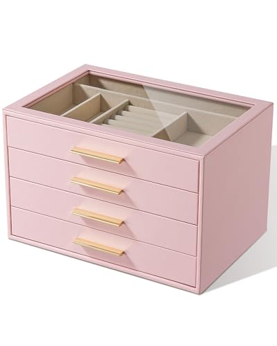 pickpiff Jewelry Box Organizer Case for Women: 4-Layer Jewelry Storage Case with Glass Window, Pink Leather with Velvet Holder for Ring Necklace Bracelet Brooch Watch, Great Gift for Her - color: Pink, size: 4 layer