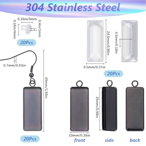 1 Box 60Pcs 20 Sets Black Bezel Earring Blanks 10x25mm Earring Bezel Trays Rectangle Pendant Bezel Blanks with Glass Cabochons Settings Stainless Steel Hooks Accessories for Jewelry Making - style: Style 1