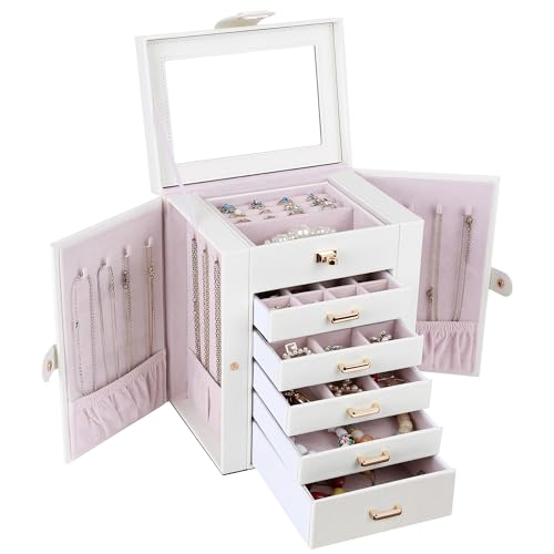 Kendal Jewelry Box, 6-Layer Jewelry Storage Organizer for Necklace Bracelet Rings Watch, 10.2"x8.2"x6" Classic PU Leather 5 Drawers Large Storage Capacity with Mirror - color: White, size: Medium(10.2"x8.2"x6")