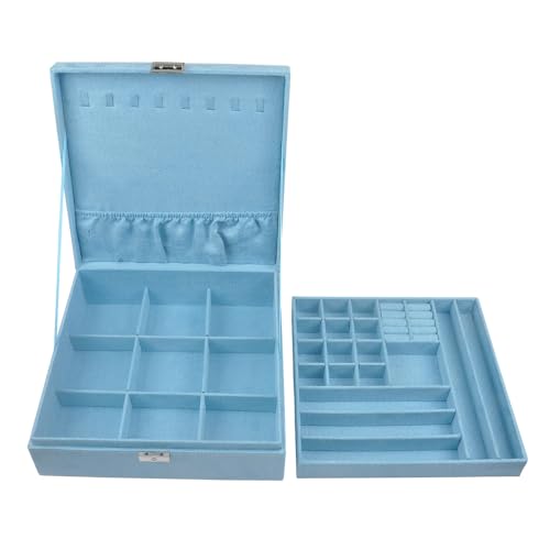 Jewelry Boxes 10 x 10 Inches 2-layer Handle Necklace Holder Organizer Jewellery Women Rings Storage Display Girls Earrings Case Lockable Jewelry Tray Blue GY641 (Blue, 2 Layer (3.34" H)) - color: Blue