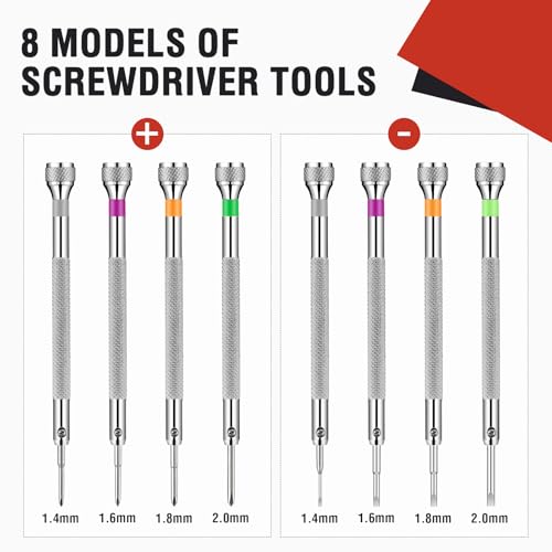 Chumia 8 Pieces Precision Watch Screwdriver Set, 1.4-2.0 mm Micro Jewelers Repair Screwdriver Set for Eyeglasses Jewelry Work, Electronics Repair(Flathead, Phillips) - size: 1.4-2.0 mm, style: Flathead, Phillips