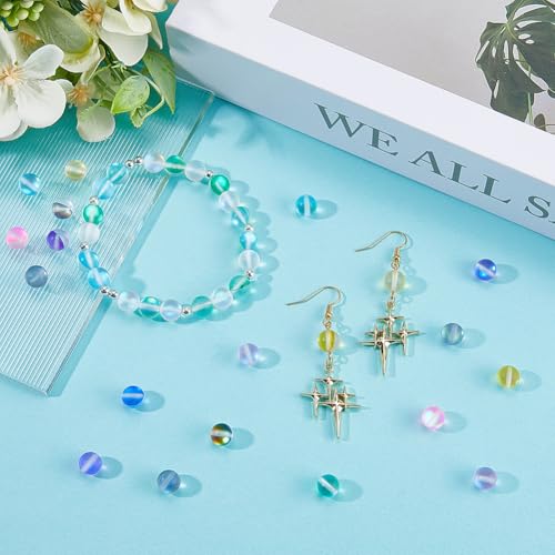 1 Box 100Pcs 8mm Moonstone Glass Bead Bulk Matte Crystal Beads Frosted Colorful Mermaid Round Glitter Shiny Aurora Loose Spacer for Bracelets Jewelry Making DIY Crafts Supplies