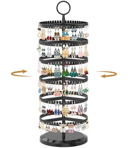 MODOWEY 6 Tier Rotating Earring Holder Organizer, Adjustable Metal and Plastic Stand Tree with 342 Groove for Stud Hoop Pierced Dangle Display, Decluttered, Space-Saving Storage Rack for Women, Black - color: Black