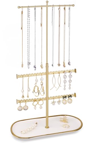 Jenseits Gold Jewelry Organizer Stand with Ceramic Tray – Cute Jewelry Holder for Necklaces, Earrings, Rings & Bracelets, Decorative Jewelry Display for Vanity Dresser, Great Gift for Women & Girls - color: Gold&White