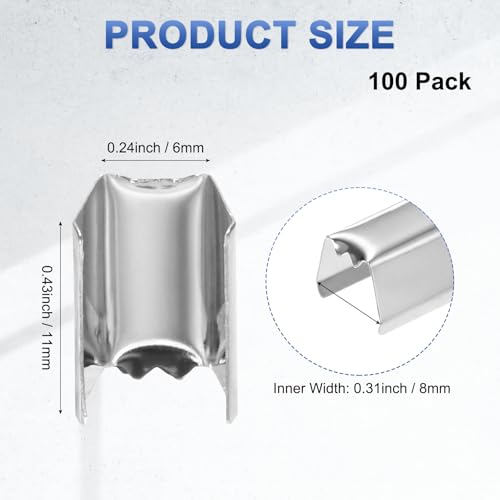 M METERXITY 100-Pack Fold Over Crimp End Caps, 0.4 x 0.2in/ 11 x 6mm Crimp Fasteners Ribbon Ends with Clamps for Jewelry Making/Leather Decor/DIY/Bracelets, Belt Buckle End Tip [Silver] - size: 0.4 x 0.2in/11 x 6mm