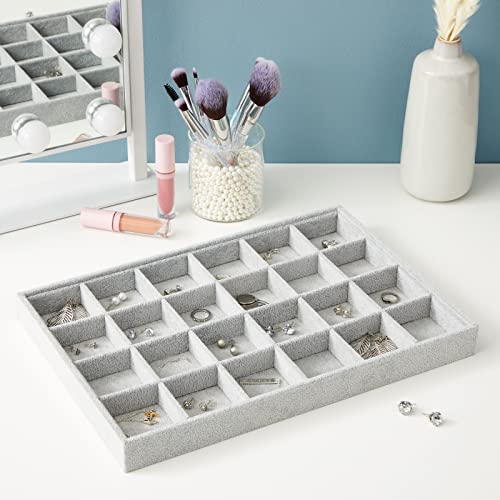 Juvale Velvet Jewelry Organizer Tray - Earring Tray Insert with 24 Compartments - Stackable Jewelry Drawer Organizer - Includes Bracelet Holder Slots - Gray, 14 x 10 in - size: 24 Grids