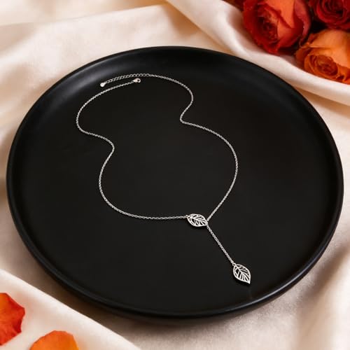 Long Necklace Sterling Silver Larait Bar Y Lariat Long Chain Drop Adjustable Necklace Gift for Her, 30" - style: Long Leaf Lariat Necklace
