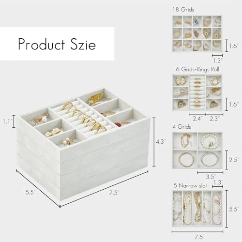 VLANDO 6 Grids & Rings Slot Jewelry Tray, Small Jewelry Organizer for Drawer, Stackable Jewelry Organizer Trays, Drawer Jewelry Organizer, Soft Lining DIY Combinations Tray - White