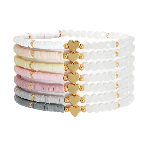 RISHEGAE Heishi Beaded Stretch Bracelets for Women Stackable Polymer Clay Beads Bracelets Friendship Boho Summer Beach Bracelet Jewelry Set - color: C-Small gray clay 7pcs
